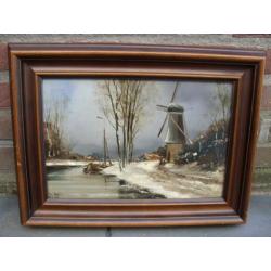 schilderij olieverf paneel apol rivier winter molen boot