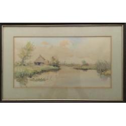 Aquarel Jan Kagie, Landschap bij Giethoorn.