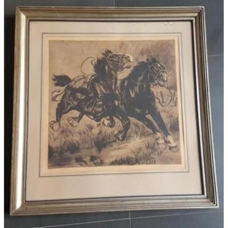 Schilderij litho Oud ? ets of druk paarden gesigneerd