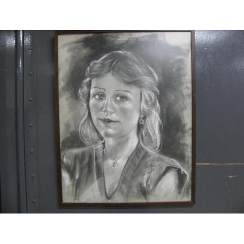 Houtskool tekening Portret 1978 Gesigneerd Kunsthandel breda