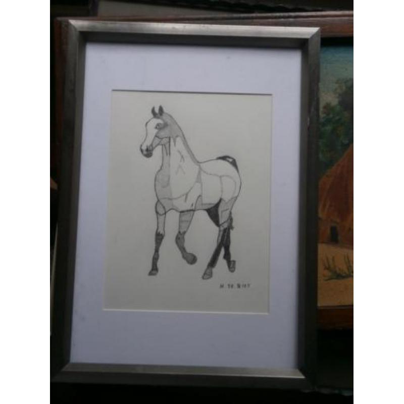 In mooi lijstje mooie tekening van een paard in draf