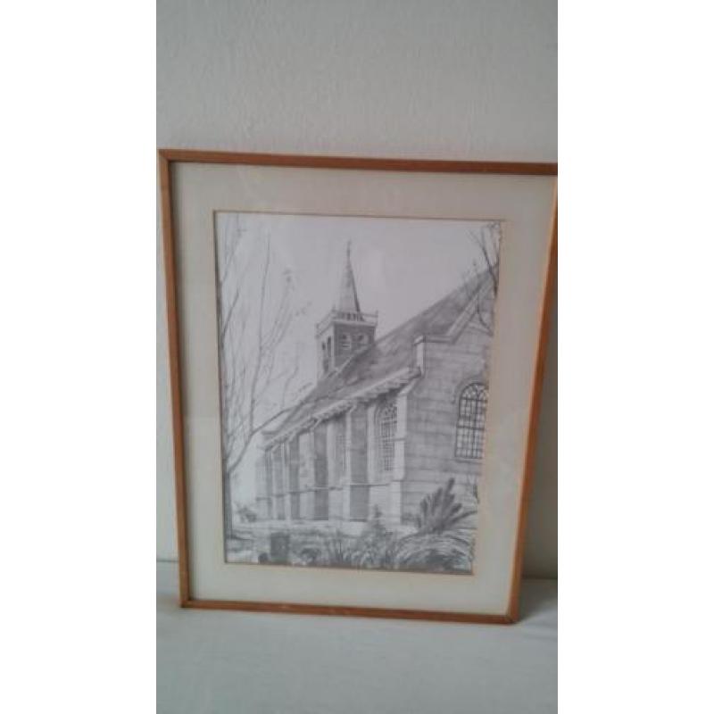 Mooie ingelijste potloodtekening van een oud Hollands kerkje