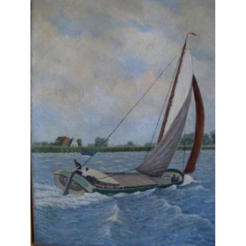 Friese tjalk, sneekermeer, k. veldhuizen 1953, olieverf