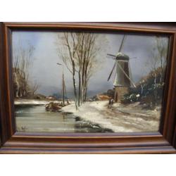 schilderij olieverf paneel apol rivier winter molen boot