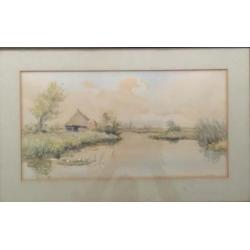 Aquarel Jan Kagie, Landschap bij Giethoorn.